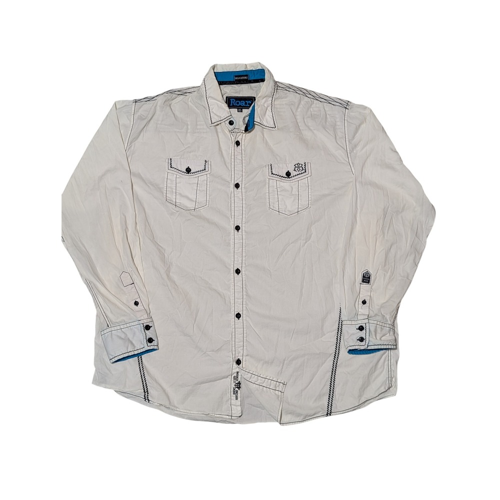 Roar Button Down Men XXL White Signature Contrast Stitch Long Sleeve Western
